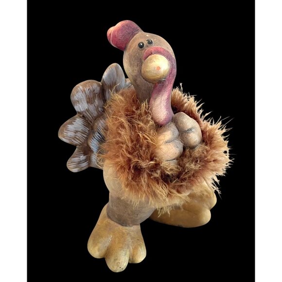 Rustic Funky Thanksgiving Turkey Figurine with Faux leather and Fur - Picture 1 of 11